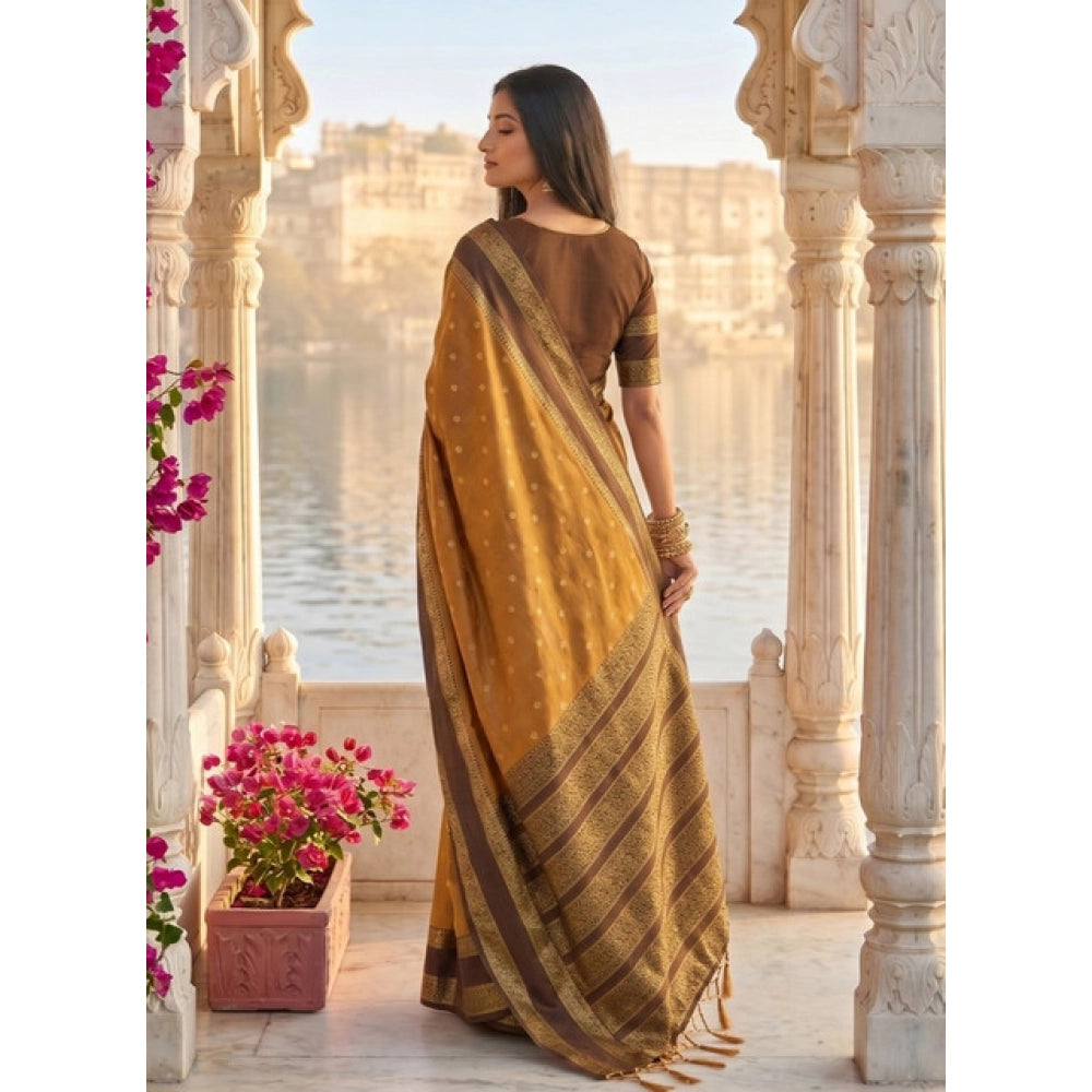 Women's Mustard Brown Silk Blend Printed Saree with Unstitched Blouse – 5.5 Mtr