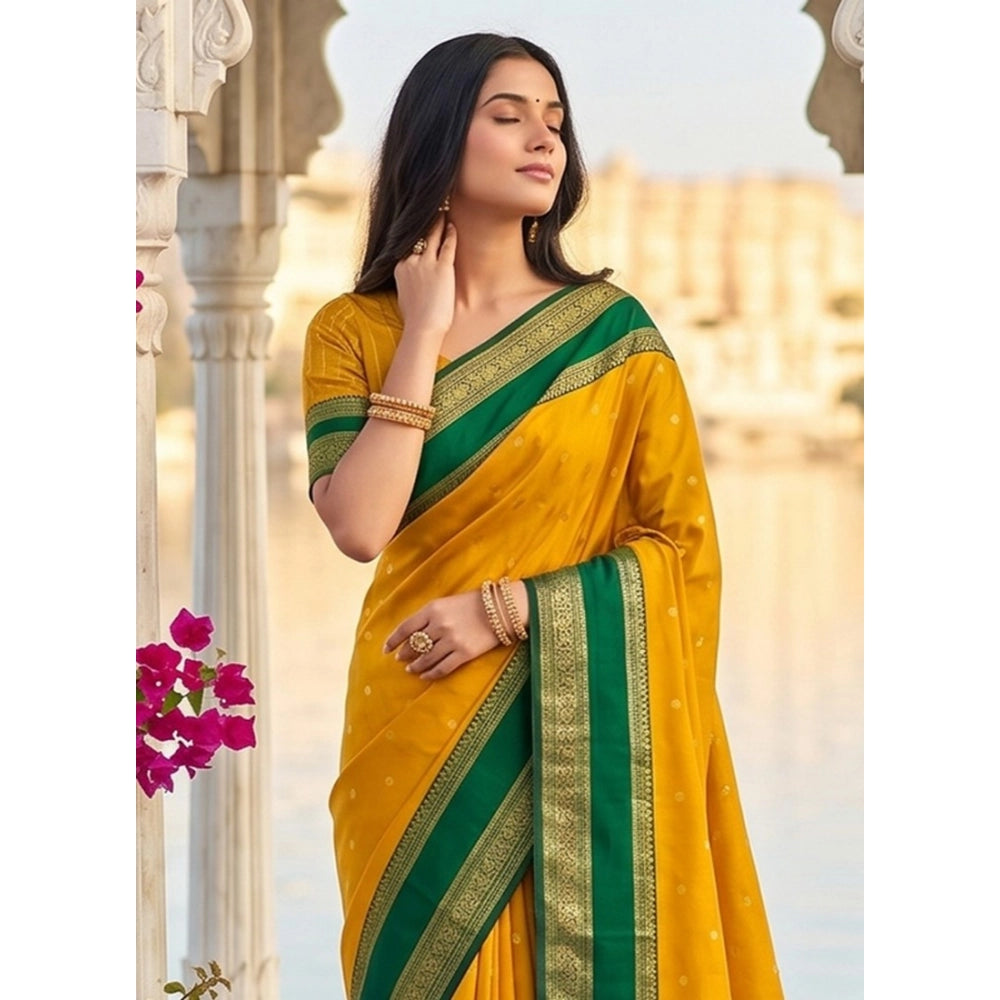 Women's Yellow Green Silk Blend Printed Saree with Unstitched Blouse – 5.5 Mtr