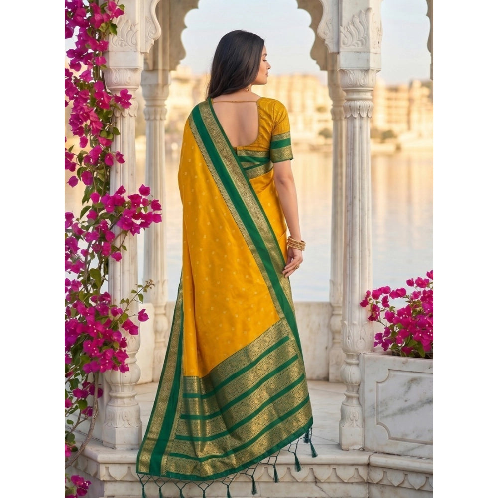 Women's Yellow Green Silk Blend Printed Saree with Unstitched Blouse – 5.5 Mtr