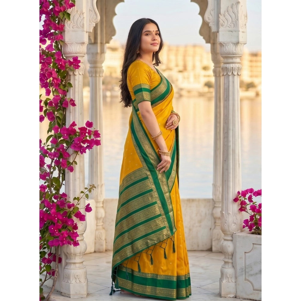 Women's Yellow Green Silk Blend Printed Saree with Unstitched Blouse – 5.5 Mtr