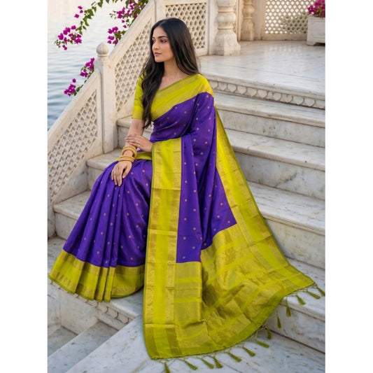 Women's Purple Green Silk Blend Printed Saree with Unstitched Blouse – 5.5 Mtr