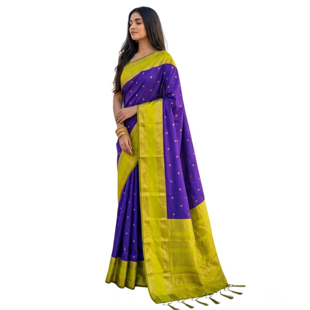 Women's Purple Green Silk Blend Printed Saree with Unstitched Blouse – 5.5 Mtr