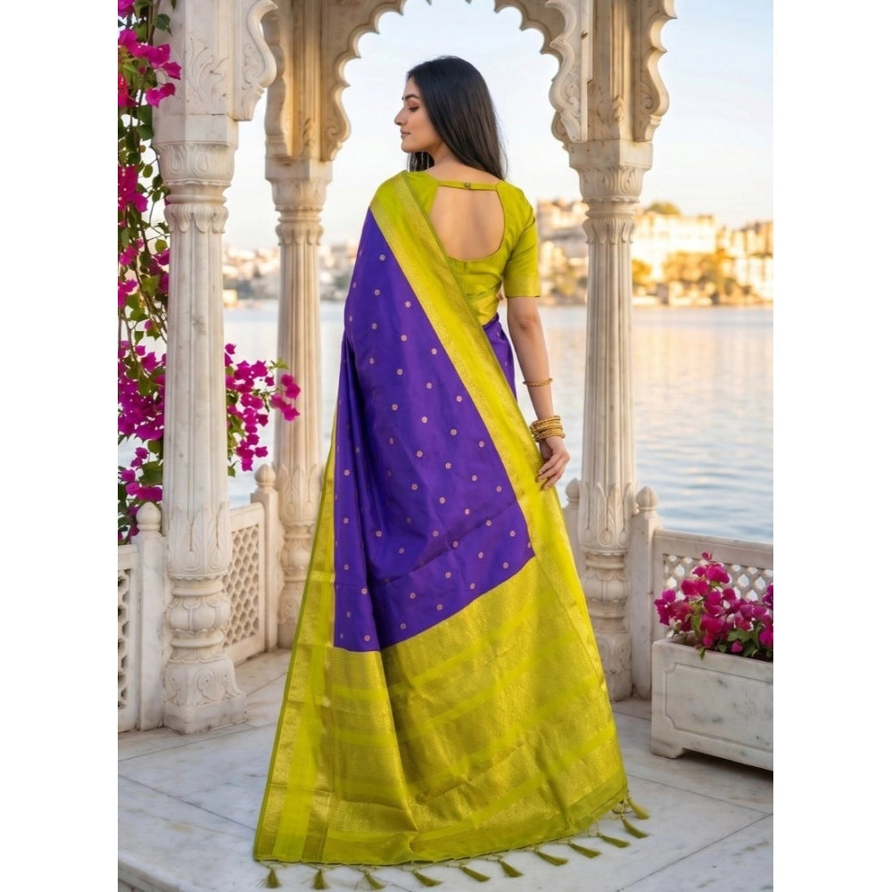 Women's Purple Green Silk Blend Printed Saree with Unstitched Blouse – 5.5 Mtr
