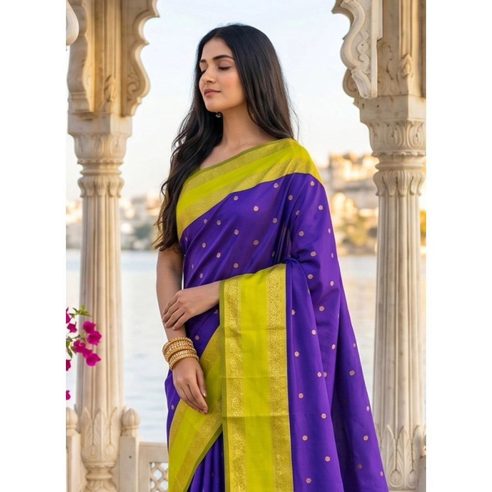 Women's Purple Green Silk Blend Printed Saree with Unstitched Blouse – 5.5 Mtr