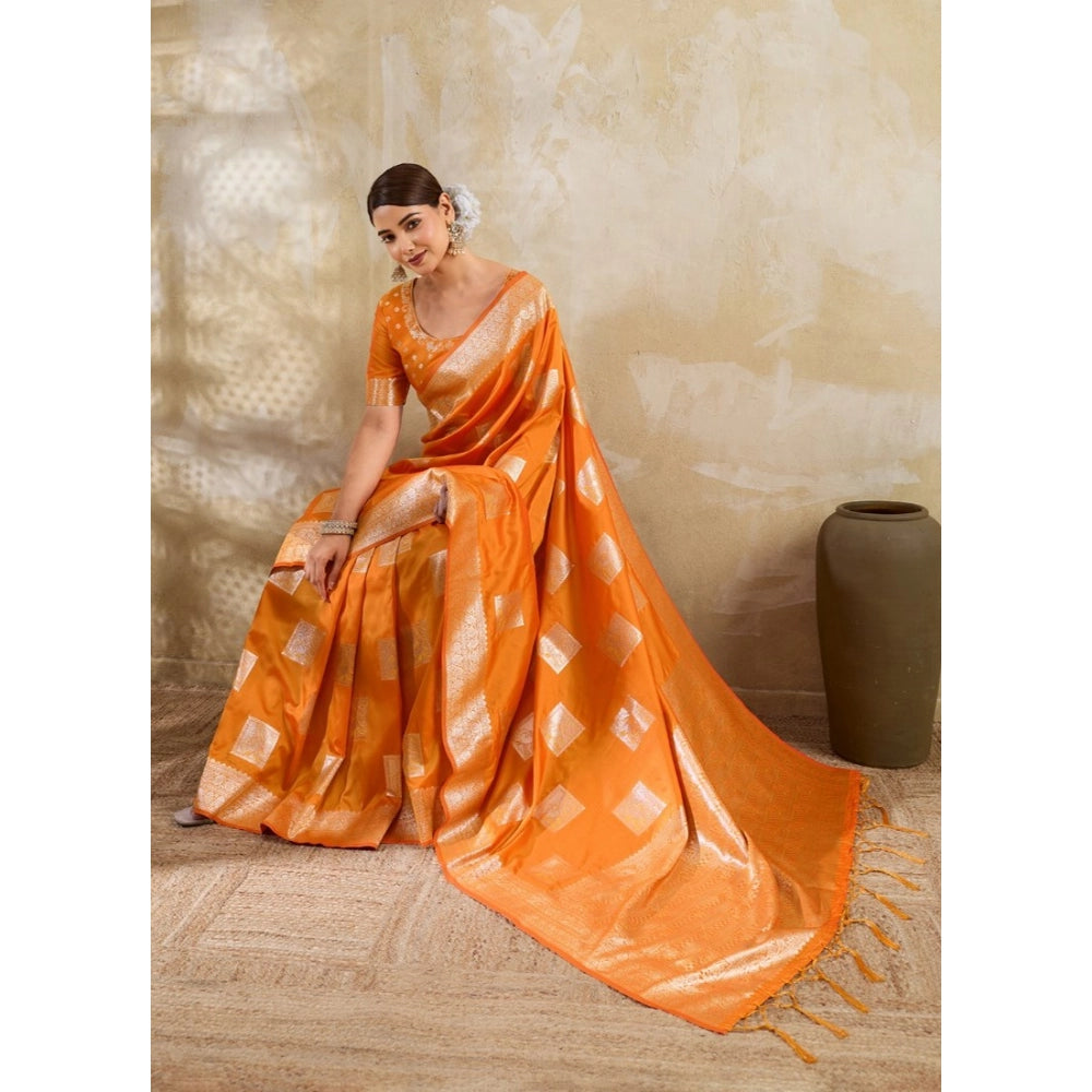 Women's Orange Silk Blend Printed Saree with Unstitched Blouse – 5.5 Mtr