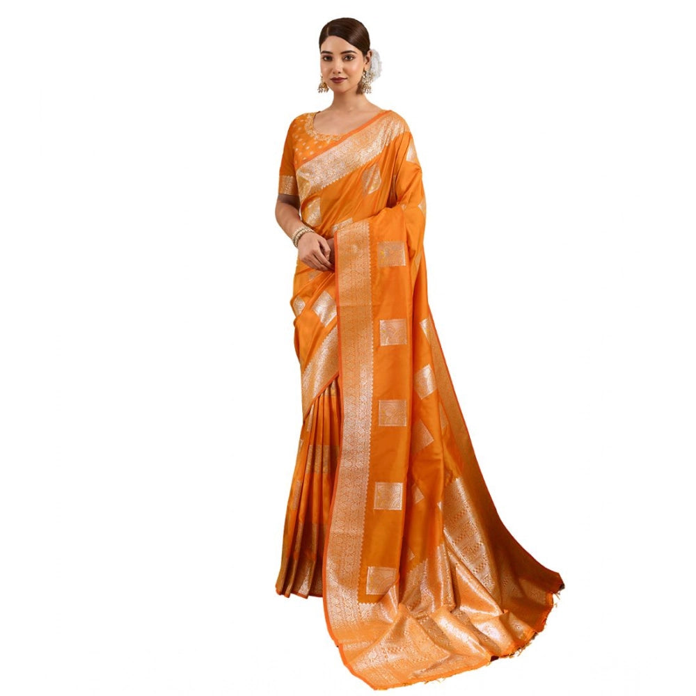 Women's Orange Silk Blend Printed Saree with Unstitched Blouse – 5.5 Mtr