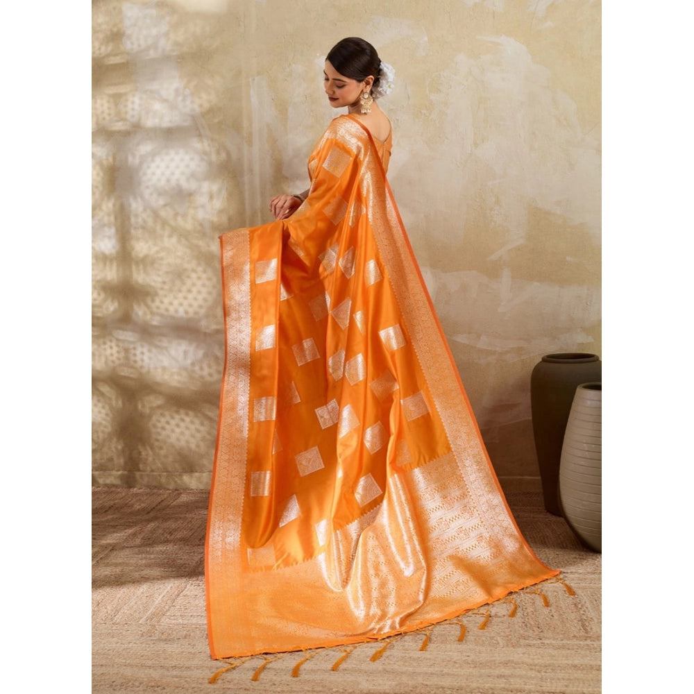 Women's Orange Silk Blend Printed Saree with Unstitched Blouse – 5.5 Mtr