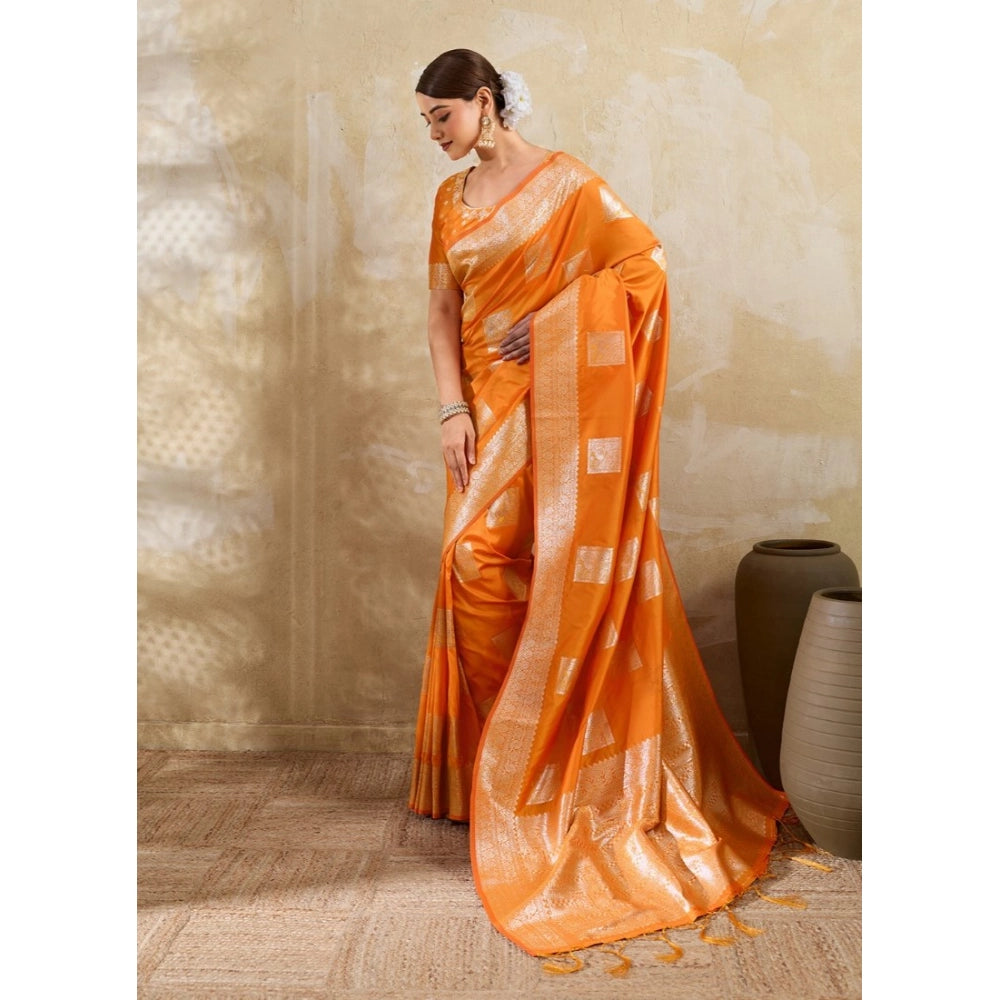 Women's Orange Silk Blend Printed Saree with Unstitched Blouse – 5.5 Mtr
