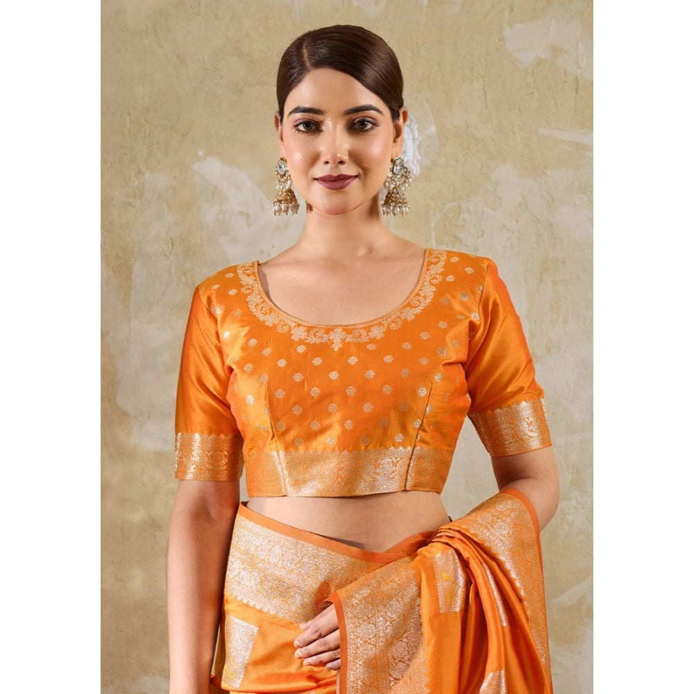 Women's Orange Silk Blend Printed Saree with Unstitched Blouse – 5.5 Mtr