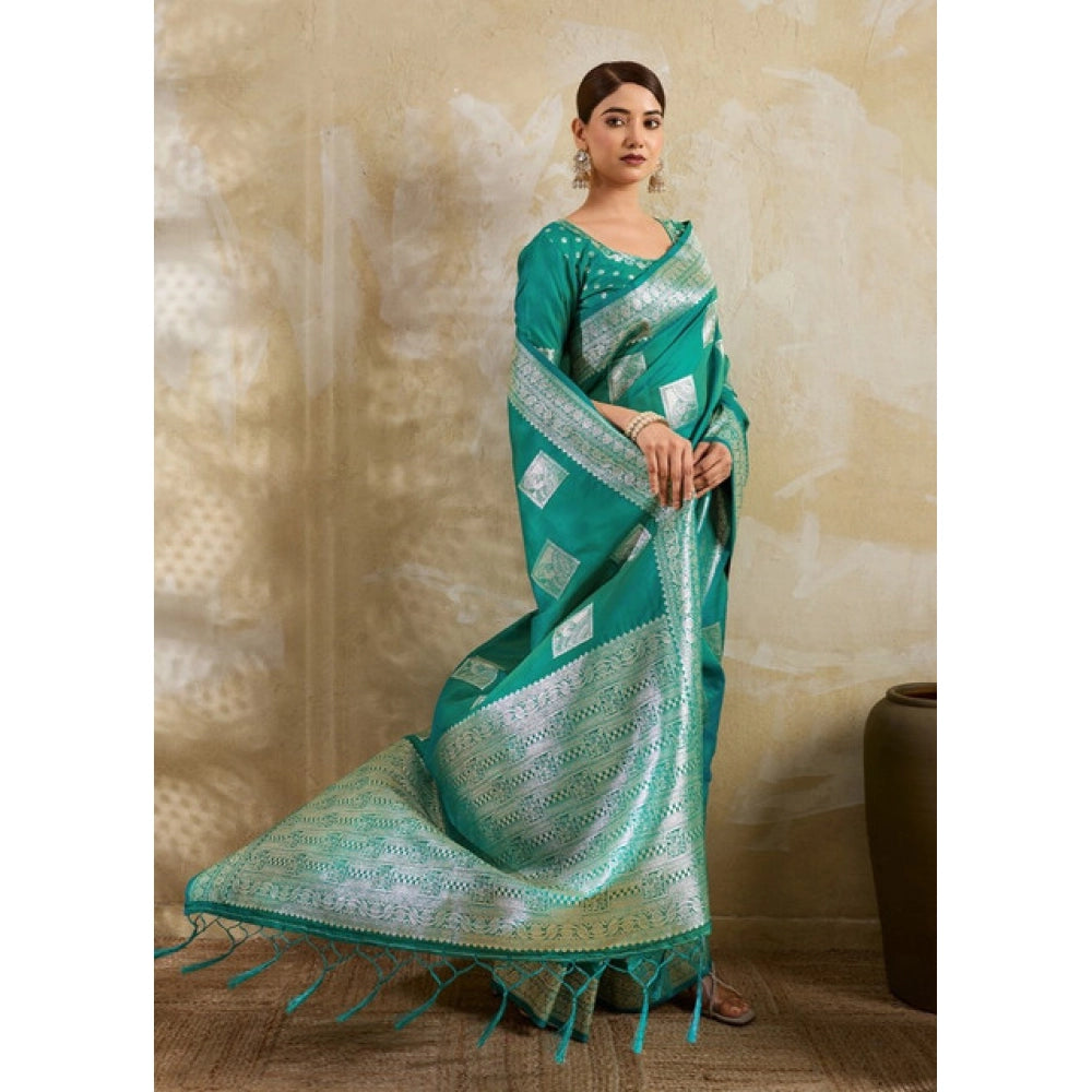 Women's Sea Green Silk Blend Printed Saree with Unstitched Blouse – 5.5 Mtr