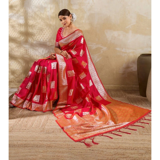 Women's Red Silk Blend Printed Saree with Unstitched Blouse – 5.5 Mtr