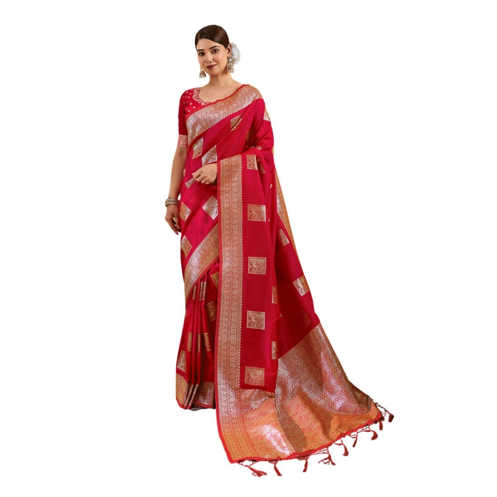 Women's Red Silk Blend Printed Saree with Unstitched Blouse – 5.5 Mtr