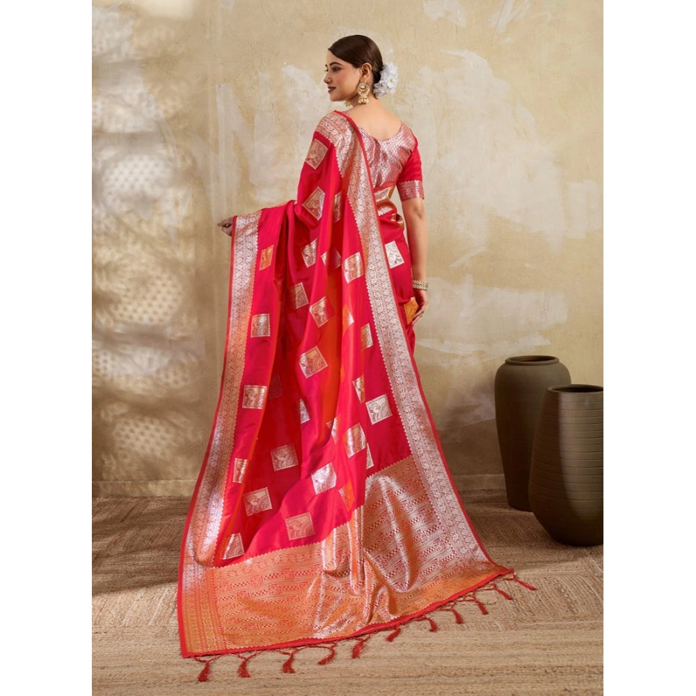Women's Red Silk Blend Printed Saree with Unstitched Blouse – 5.5 Mtr