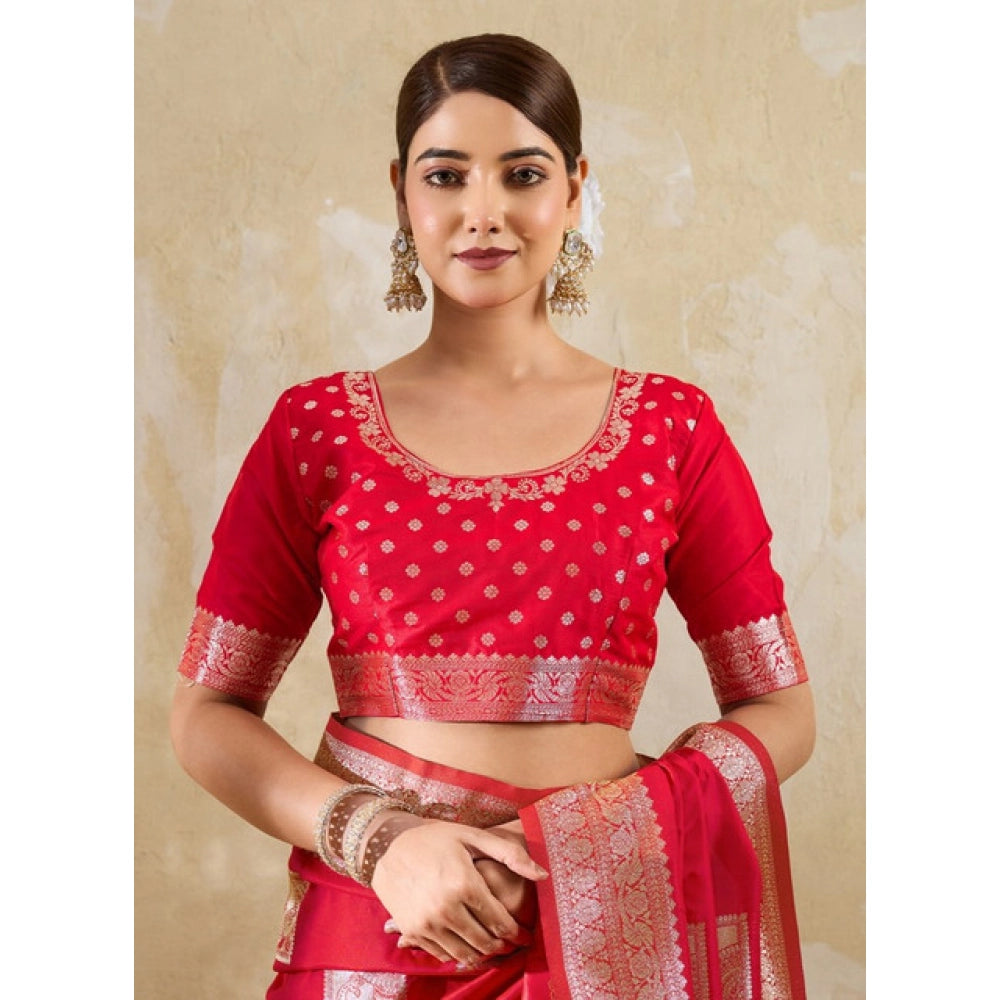 Women's Red Silk Blend Printed Saree with Unstitched Blouse – 5.5 Mtr