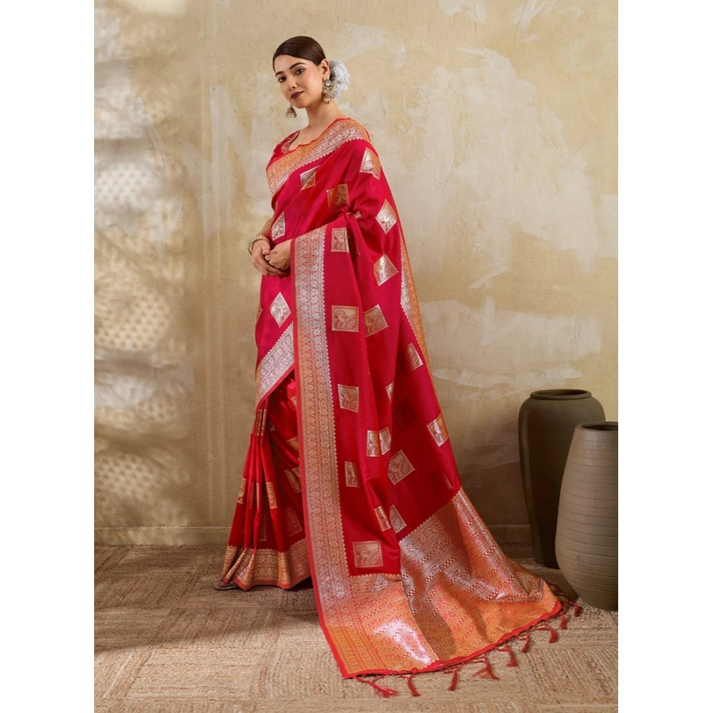 Women's Red Silk Blend Printed Saree with Unstitched Blouse – 5.5 Mtr
