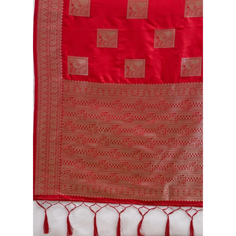 Women's Red Silk Blend Printed Saree with Unstitched Blouse – 5.5 Mtr