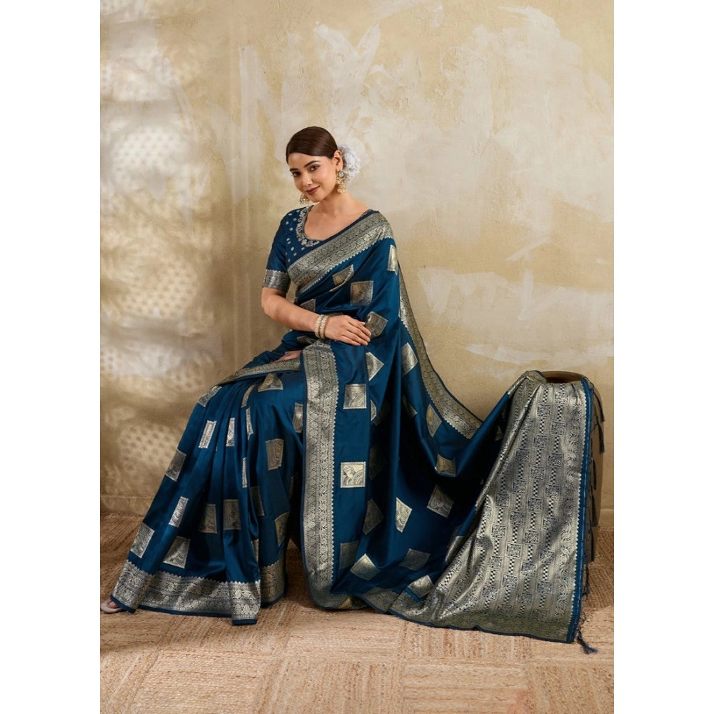 Women's Teal Blue Silk Blend Printed Saree with Unstitched Blouse – 5.5 Mtr