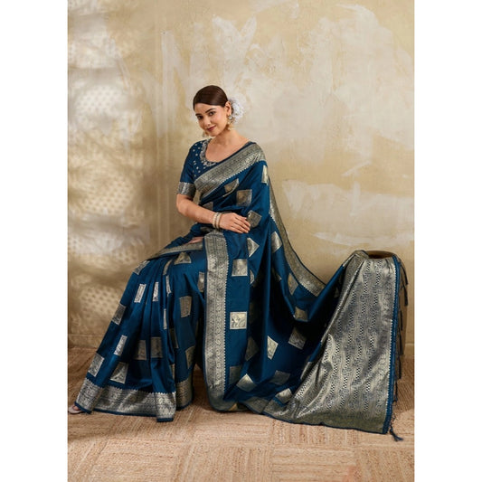 Women's Teal Blue Silk Blend Printed Saree with Unstitched Blouse – 5.5 Mtr