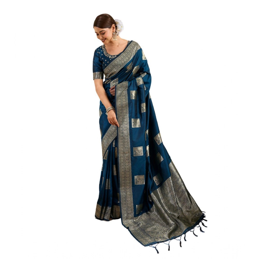 Women's Teal Blue Silk Blend Printed Saree with Unstitched Blouse – 5.5 Mtr