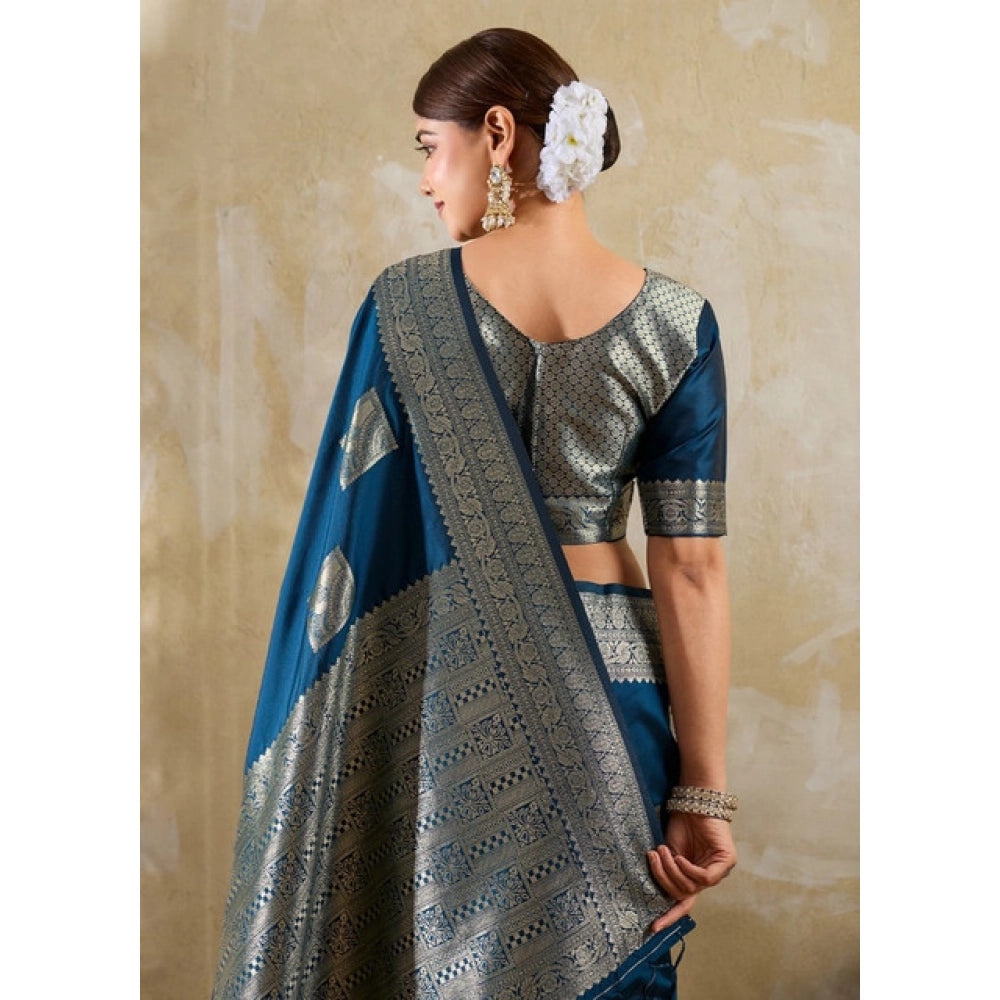 Women's Teal Blue Silk Blend Printed Saree with Unstitched Blouse – 5.5 Mtr