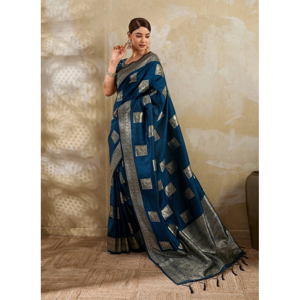 Women's Teal Blue Silk Blend Printed Saree with Unstitched Blouse – 5.5 Mtr