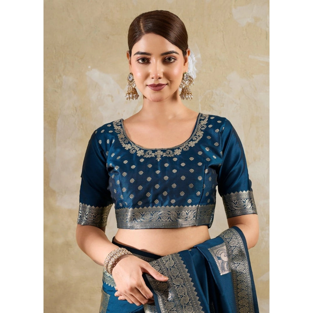 Women's Teal Blue Silk Blend Printed Saree with Unstitched Blouse – 5.5 Mtr