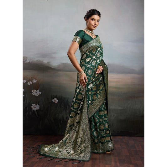 Women's Bottle Green Silk Blend Printed Saree with Unstitched Blouse – 5.5 Mtr