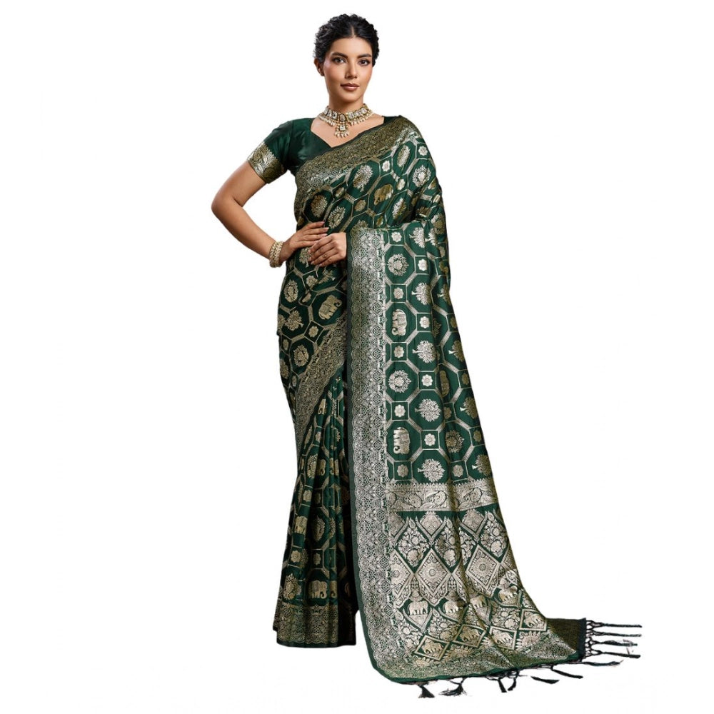 Women's Bottle Green Silk Blend Printed Saree with Unstitched Blouse – 5.5 Mtr