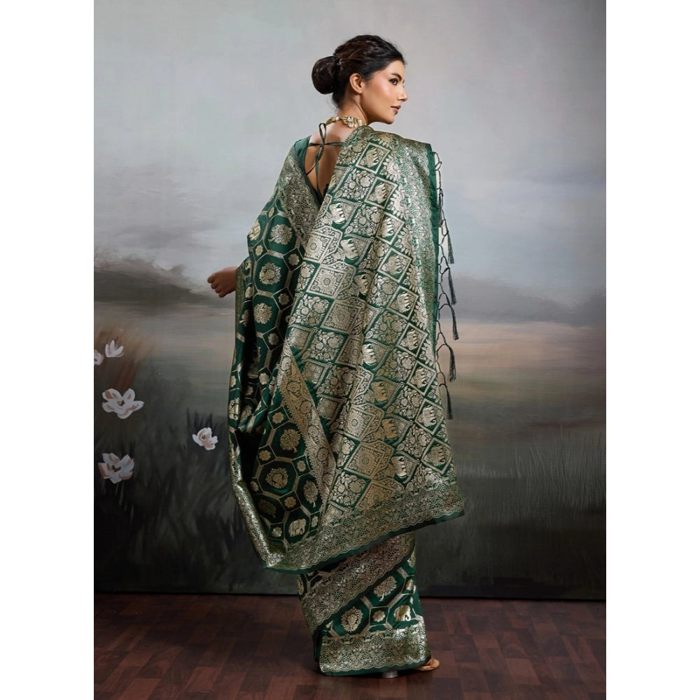 Women's Bottle Green Silk Blend Printed Saree with Unstitched Blouse – 5.5 Mtr