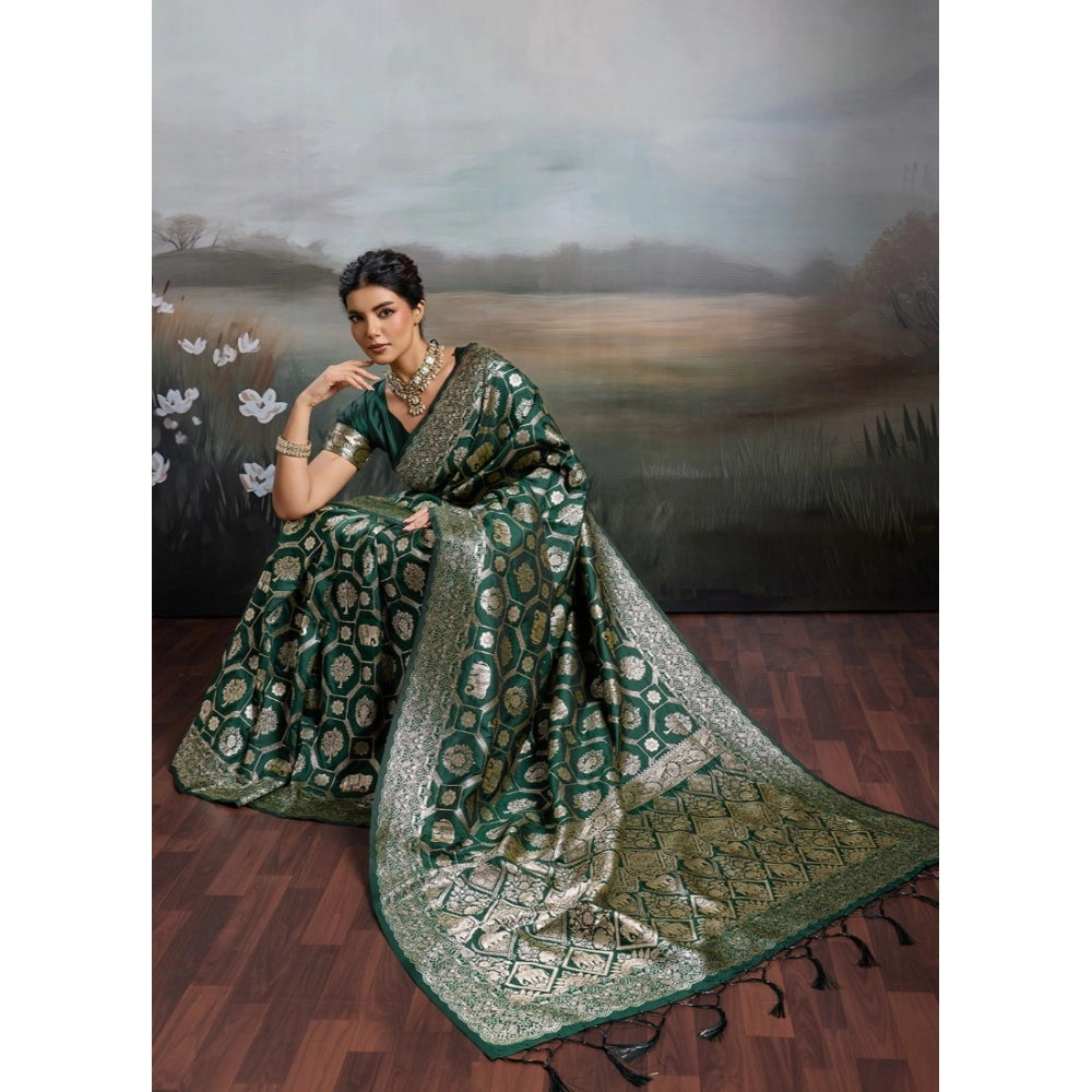 Women's Bottle Green Silk Blend Printed Saree with Unstitched Blouse – 5.5 Mtr
