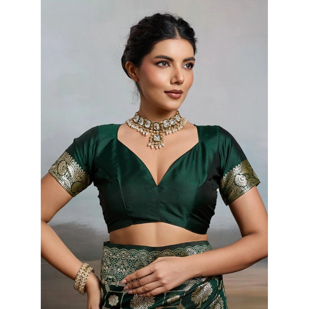 Women's Bottle Green Silk Blend Printed Saree with Unstitched Blouse – 5.5 Mtr