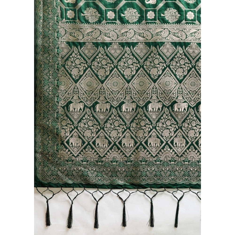 Women's Bottle Green Silk Blend Printed Saree with Unstitched Blouse – 5.5 Mtr