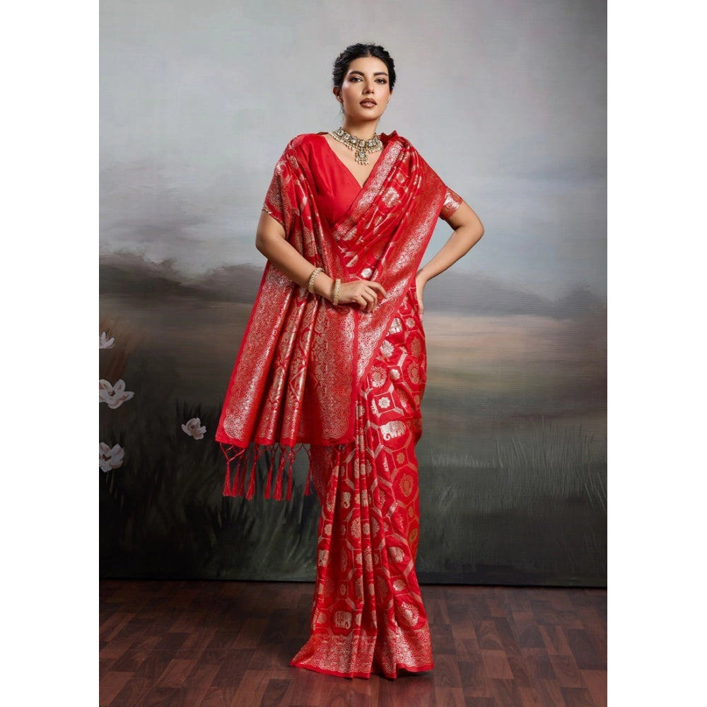 Women's Red Silk Blend Printed Saree with Unstitched Blouse – 5.5 Mtr