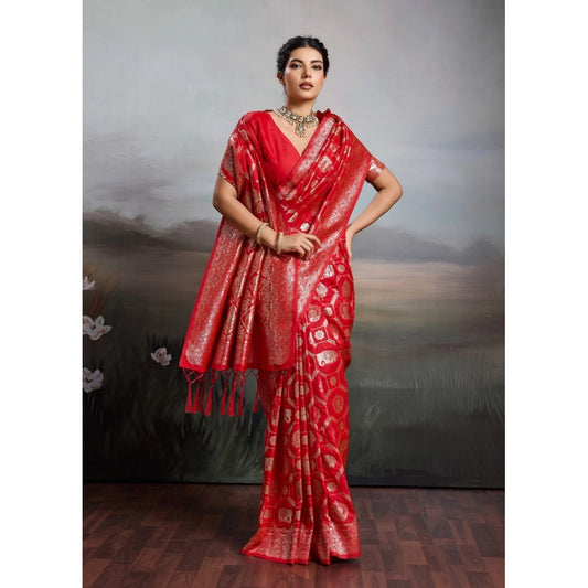 Women's Red Silk Blend Printed Saree with Unstitched Blouse – 5.5 Mtr
