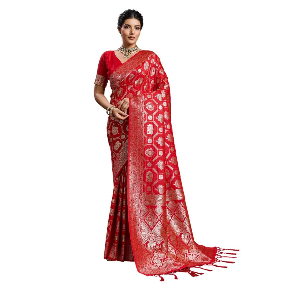 Women's Red Silk Blend Printed Saree with Unstitched Blouse – 5.5 Mtr