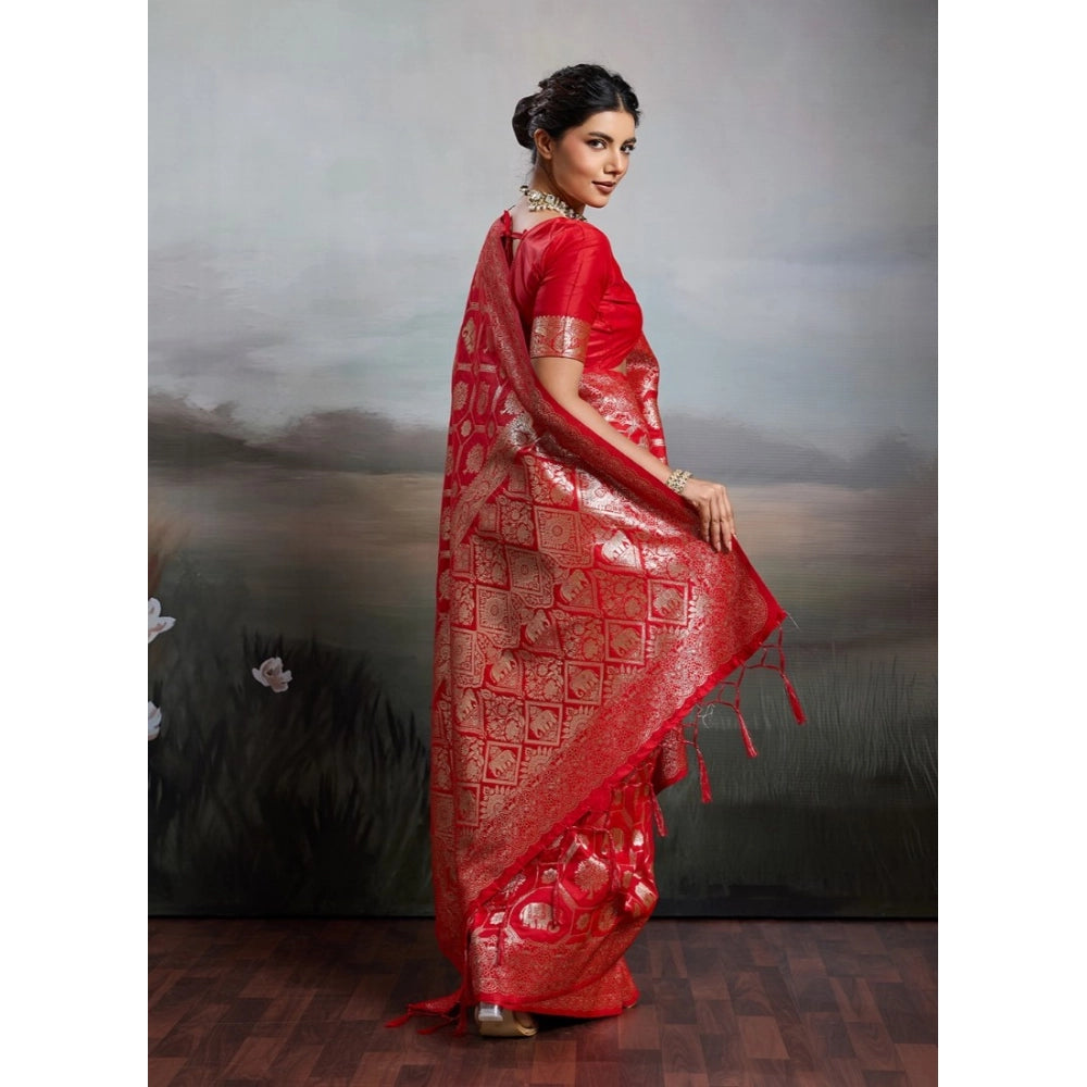 Women's Red Silk Blend Printed Saree with Unstitched Blouse – 5.5 Mtr