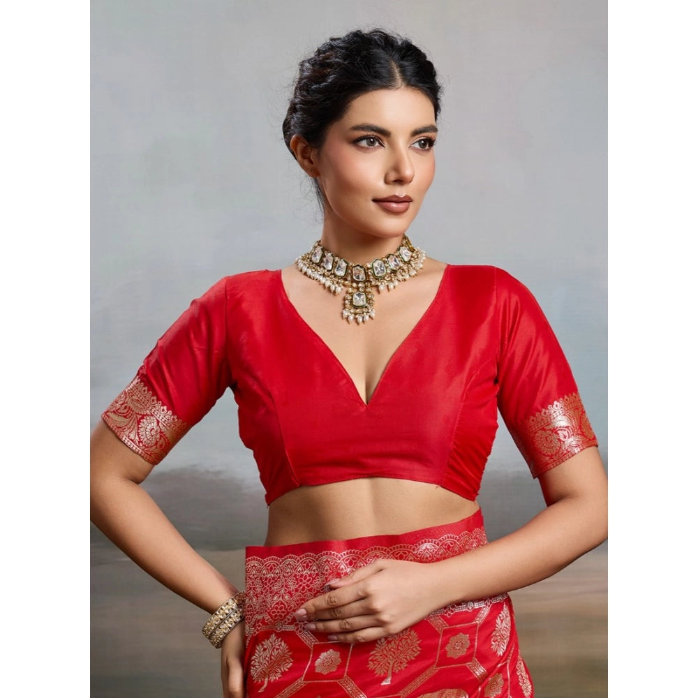 Women's Red Silk Blend Printed Saree with Unstitched Blouse – 5.5 Mtr