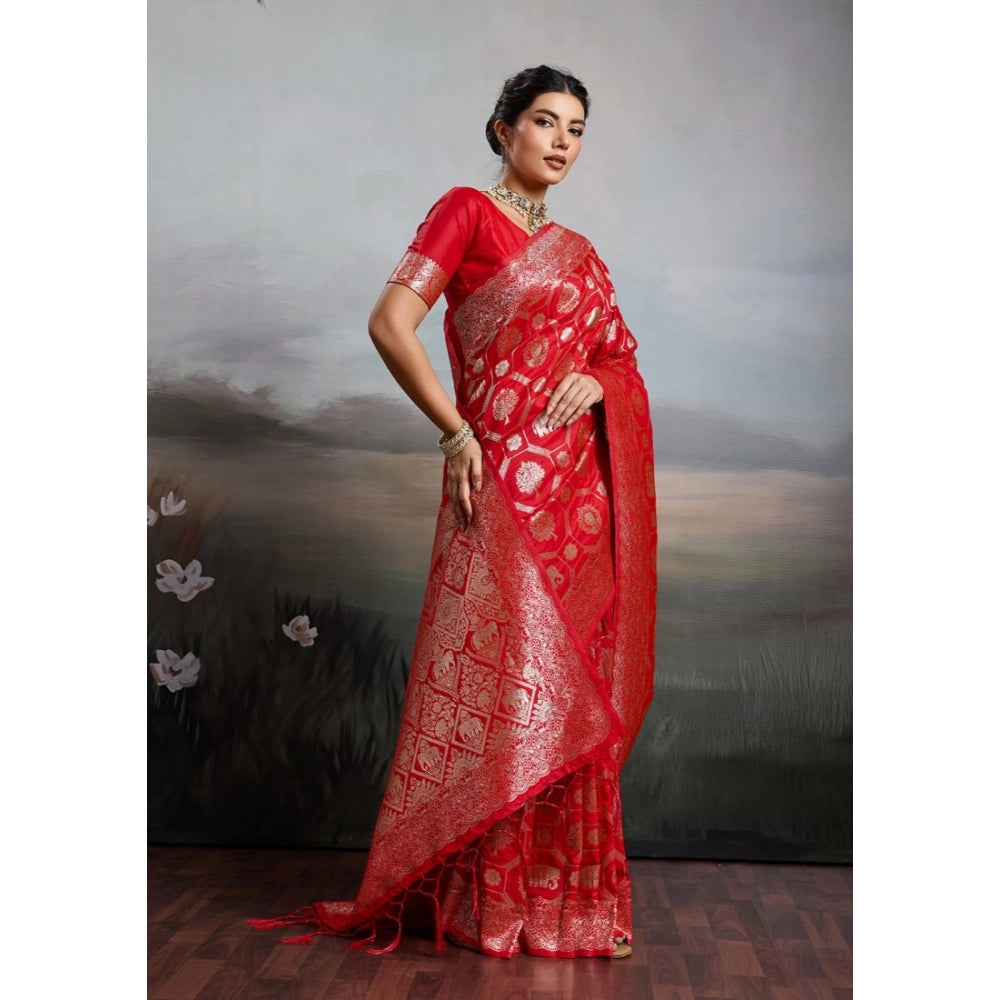 Women's Red Silk Blend Printed Saree with Unstitched Blouse – 5.5 Mtr