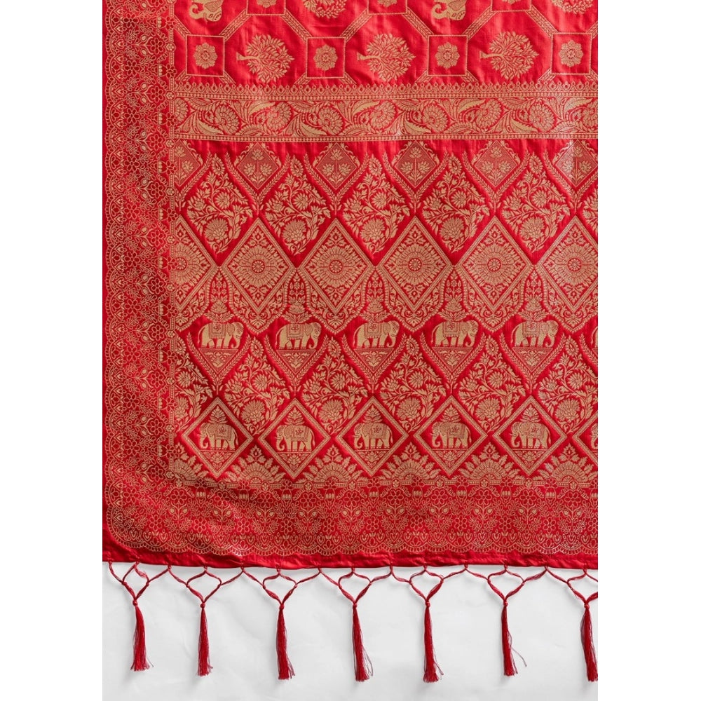 Women's Red Silk Blend Printed Saree with Unstitched Blouse – 5.5 Mtr
