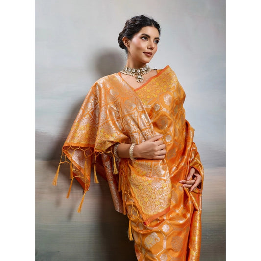 Women's Orange Silk Blend Printed Saree with Unstitched Blouse – 5.5 Mtr