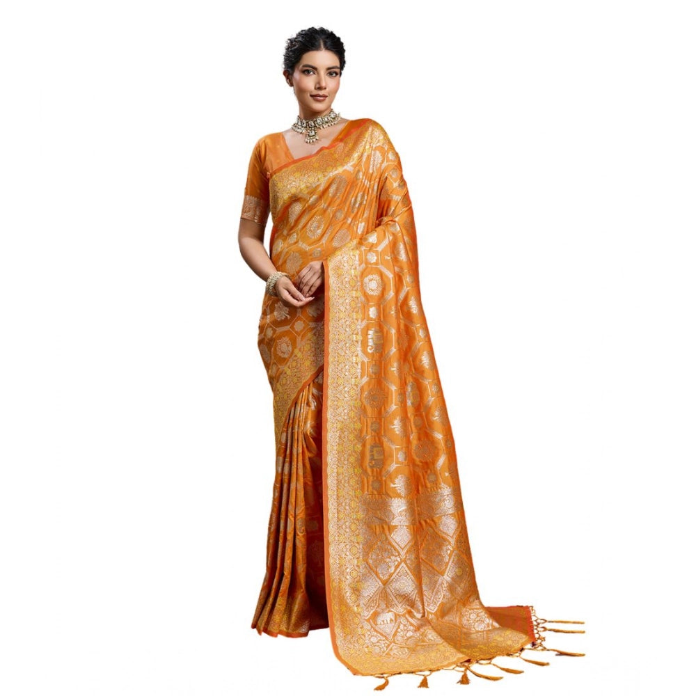 Women's Orange Silk Blend Printed Saree with Unstitched Blouse – 5.5 Mtr