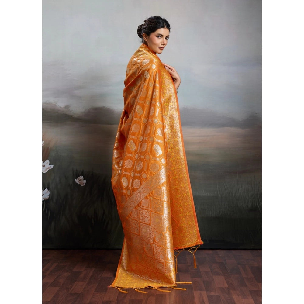 Women's Orange Silk Blend Printed Saree with Unstitched Blouse – 5.5 Mtr