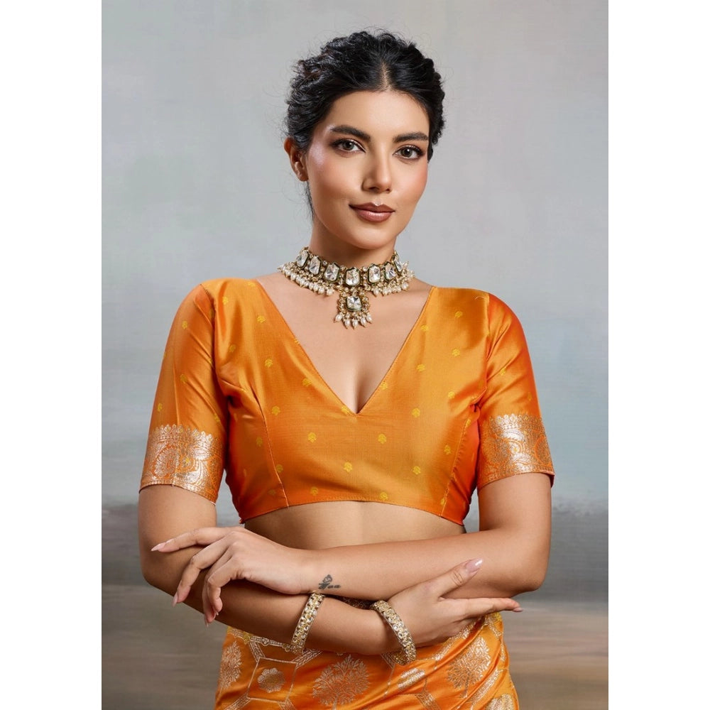 Women's Orange Silk Blend Printed Saree with Unstitched Blouse – 5.5 Mtr