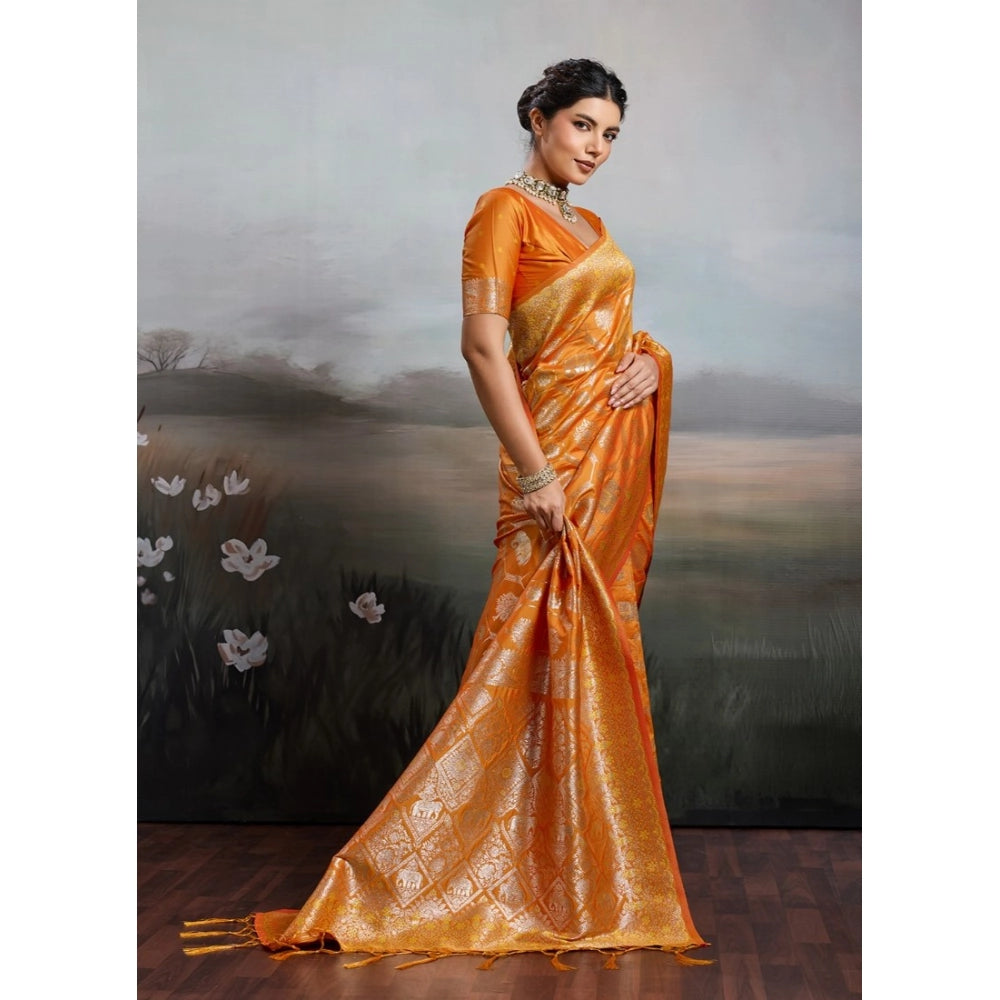 Women's Orange Silk Blend Printed Saree with Unstitched Blouse – 5.5 Mtr