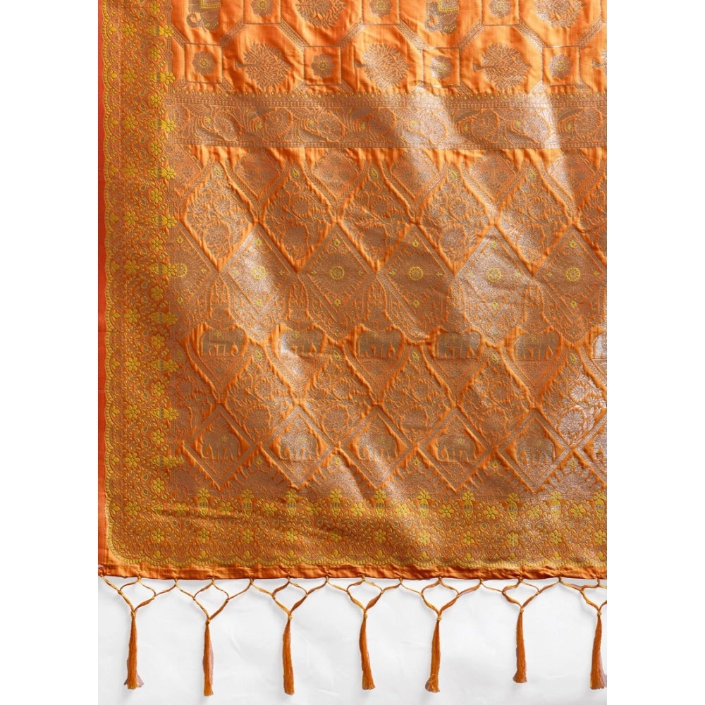 Women's Orange Silk Blend Printed Saree with Unstitched Blouse – 5.5 Mtr