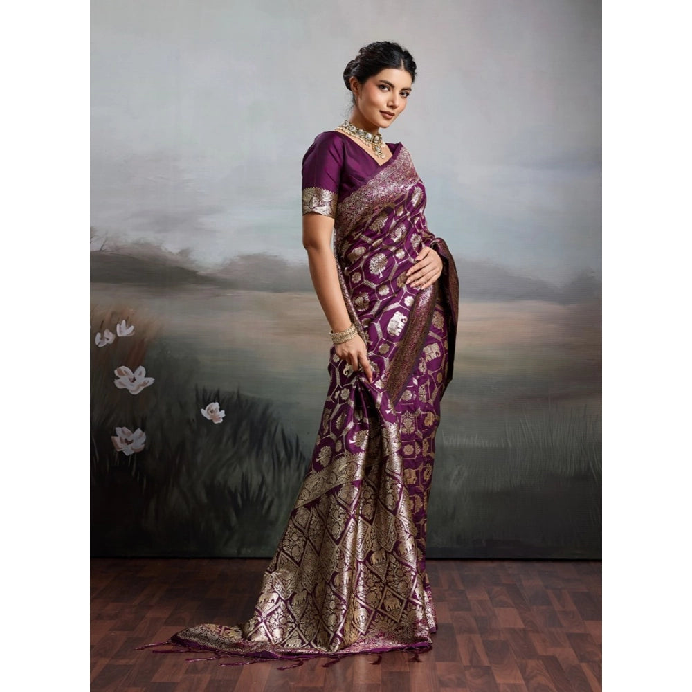 Women's Wine Silk Blend Printed Saree with Unstitched Blouse – 5.5 Mtr