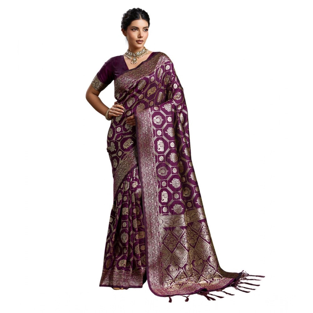 Women's Wine Silk Blend Printed Saree with Unstitched Blouse – 5.5 Mtr