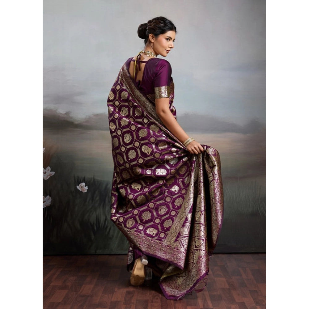 Women's Wine Silk Blend Printed Saree with Unstitched Blouse – 5.5 Mtr