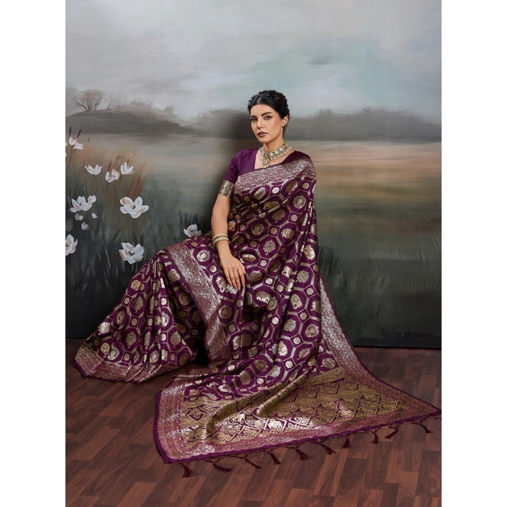 Women's Wine Silk Blend Printed Saree with Unstitched Blouse – 5.5 Mtr