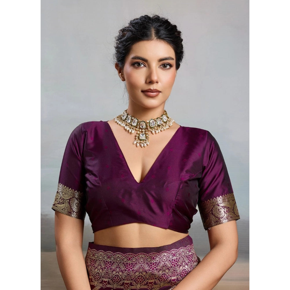 Women's Wine Silk Blend Printed Saree with Unstitched Blouse – 5.5 Mtr
